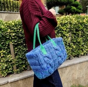 Mavi Yeşil Yünlü Örgü Omuz Çantası