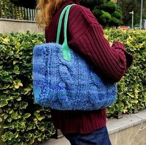 Mavi Yeşil Yünlü Örgü Omuz Çantası