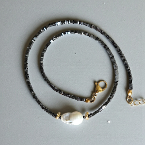 İncili Minimal Hematit Kolye Gri